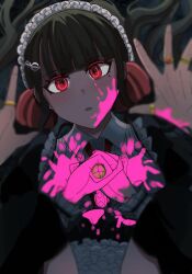  1girl :o alternate_costume black_dress black_thighhighs blood blood_on_clothes blood_on_face blood_on_hands blunt_bangs blush breasts brown_hair collared_dress danganronpa_(series) danganronpa_v3:_killing_harmony dress enmaided frills hair_ornament hair_scrunchie hairclip hands_up harukawa_maki highres jewelry large_breasts long_sleeves low_twintails maid maid_headdress mole mole_under_eye pink_blood red_eyes red_scrunchie ring scrunchie solo_focus thighhighs twintails wa_mukoji 