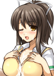 10s 1girl asuka_(senran_kagura) bad_id bad_pixiv_id breasts_squeezed_together breasts brown_eyes brown_hair cleavage cum cum_on_body cum_on_breasts cum_on_clothes cum_on_upper_body don_(29219) facial large_breasts one_eye_closed open_mouth paizuri paizuri_under_clothes penis penis_under_another&#039;s_clothes senran_kagura solo solo_focus sweater_vest wink rating:Explicit score:77 user:danbooru