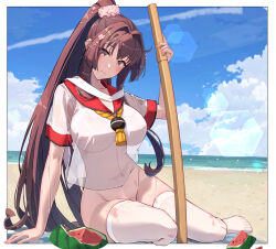  1girl alternate_costume baseball_cap beach beach_towel blue_sky bokken breasts brown_hair closed_mouth cloud commentary_request covered_navel food fruit hair_intakes hat highres himeyamato kantai_collection large_breasts legs_apart long_hair ocean parted_bangs planted planted_sword planted_weapon red_eyes revision sand school_uniform see-through see-through_shirt serafuku shirasaya sidelocks sitting sky solo suikawari swimsuit swimsuit_under_clothes sword thighhighs towel very_long_hair watermelon weapon white_thighhighs wooden_sword yamato_(kancolle) yokozuwari 
