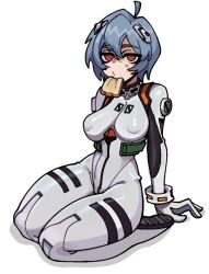  1girl arm_support ayanami_rei blue_hair blush bodysuit bojinko bread bread_slice breasts covered_erect_nipples eating empty_eyes expressionless eyebrows female_focus food full_body leaning_back looking_at_viewer medium_breasts neon_genesis_evangelion no_pupils red_eyes seiza short_hair simple_background sitting solo white_background white_bodysuit 