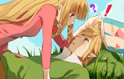  ! 1boy 1girl ? bad_id bad_pixiv_id bikini bikini_bottom_only blonde_hair blue_eyes blush book bulge day earrings eye_contact face-to-face flower grass hat heart hetero highres jewelry kumaru link long_hair looking_at_another lying magazine_(object) nintendo on_back panties parted_lips pointy_ears princess_zelda shadow sky smile swimsuit the_legend_of_zelda the_legend_of_zelda:_skyward_sword thighs underwear  rating:Sensitive score:84 user:danbooru