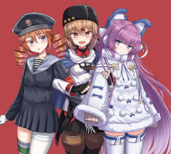  3girls armband azur_lane bad_id bad_twitter_id blush breasts brown_hair closed_mouth clothes_writing crossover dress drill_hair earmuffs fingerless_gloves fur_hat fur_trim gloves hair_between_eyes hair_ornament hairclip hat highres historical_name_connection kantai_collection long_hair long_sleeves multiple_girls name_connection open_mouth orange_hair pantyhose papakha pom_pom_(clothes) purple_hair red_background sailor_collar sailor_dress scarf shawl shirt simple_background skirt sleeves_past_fingers sleeves_past_wrists star_(symbol) striped_clothes striped_shirt tashkent_(azur_lane) tashkent_(kancolle) tashkent_(warship_girls_r) telnyashka thighhighs twin_drills warship_girls_r white_scarf yakob_labo 
