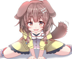  1girl animal_ears arm_support bare_shoulders blue_bow blue_footwear bow breasts brown_eyes brown_hair cleavage commentary_request dog_ears dog_girl dog_tail dress hair_over_shoulder highres hololive inugami_korone inugami_korone_(1st_costume) jacket leaning_forward long_hair long_sleeves looking_at_viewer low_twintails medium_breasts motion_lines off_shoulder open_clothes open_jacket puffy_long_sleeves puffy_sleeves red_bow red_socks shadow shoes simple_background sitting socks solo tail twintails umberblack virtual_youtuber wariza white_background white_dress yellow_jacket 