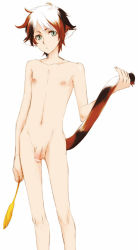  1boy animal_ears calico cat_boy cat_ears censored claws flaccid green_eyes male_focus multicolored_hair nipples nude penis  rating:Explicit score:34 user:i_catgirl