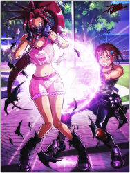 2girls accidental_exposure ahoge animal_print antenna_hair armored_gloves armpits artist_name black_bodysuit black_footwear black_gloves blush bodysuit boots bow bow_camisole bow_panties boyshort_panties brown_eyes brown_hair camisole camouflage camouflage_shirt capcom chain chain_headband chain_necklace collarbone day defeat delinquent embarrassed energy exploding_clothes eyelashes female_focus full_body gloves hands_on_own_face heart heart_print high_ponytail highres himezaki_aoi humiliation justice_gakuen kazama_akira knee_pads knees_together_feet_apart leather leather_pants legs long_hair looking_at_another looking_at_viewer mask matching_hair/eyes matching_underwear medium_hair midriff moero!_justice_gakuen mouth_mask multiple_girls navel neck necklace outdoors outstretched_arms panties pants parted_bangs pink_camisole pink_panties ponytail print_camisole print_panties print_shirt purple_eyes rabbit_print red_hair shirt sidelocks signature sleeveless sleeveless_shirt spiked_hair standing surprised sweatdrop theinsanedarkone thighs tight_clothes tight_pants tomboy toned_female torn_bodysuit torn_clothes tree tsundere underwear underwear_only very_long_hair wardrobe_malfunction wide-eyed 