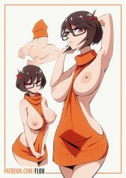  1girl ass barefoot between_breasts bow breasts breasts_out brown_hair clothes_between_breasts flou_(flou_art) glasses hair_ribbon highres large_breasts legs looking_at_viewer meme_attire nail_polish nipples pink_eyes ribbon scooby-doo short_hair sleeveless sleeveless_turtleneck turtleneck velma_dace_dinkley virgin_killer_sweater  rating:Explicit score:307 user:twilight_jester