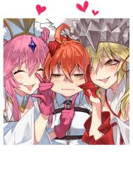  3girls :| ahoge animal_ear_fluff animal_ears belt blonde_hair blush chaldea_uniform cheek_pinching closed_eyes closed_mouth commentary crown detached_collar eyeshadow fate/grand_order fate_(series) fujimaru_ritsuka_(female) gloves hair_between_eyes hair_ornament half-closed_eyes hand_on_another&#039;s_chin hand_on_another&#039;s_head happy hat heart japanese_clothes kimono kitsune koyanskaya_(assassin)_(third_ascension)_(fate) koyanskaya_(fate) koyanskaya_(lostbelt_beast:iv)_(fate) looking_at_another looking_at_viewer makeup multiple_girls picture_frame pinching pink_gloves pink_hair red_eyeshadow red_hair red_hands rkp sidelocks signature smile stroking_another&#039;s_chin tamamo_(fate) unamused white_hat white_kimono white_uniform wide_sleeves yellow_eyes yuri 