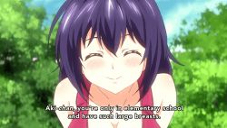  1girl aged_down animated animated_gif blush bouncing_breasts breasts cleavage large_breasts lowres maken-ki! nijou_aki purple_hair red_eyes short_hair smile subtitled takami_akio  rating:Questionable score:120 user:megamanps2
