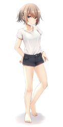  1girl bare_arms bare_legs barefoot black_eyes black_shorts breasts closed_mouth collarbone commentary_request commission denim denim_shorts female_focus full_body hair_between_eyes hand_in_pocket highres light_brown_hair medium_breasts nagami_yuu original shirt shirt_tucked_in short_hair short_shorts short_sleeves shorts sidelocks simple_background skeb_commission solo standing webp-to-png_conversion white_background white_shirt 