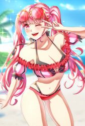 1girl anisdrawn artist_name bare_legs bare_shoulders bikini blurry blurry_background blush collarbone female_focus fire_emblem fire_emblem:_three_houses fire_emblem_heroes highres hilda_valentine_goneril hilda_valentine_goneril_(summer) long_hair matching_hair/eyes navel nintendo off-shoulder_bikini off_shoulder official_alternate_costume one_eye_closed open_mouth outdoors palm_tree pink_bikini pink_eyes pink_hair solo stomach swimsuit teeth thighs tongue tree twintails upper_teeth_only v_over_eye