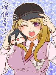  1boy 1girl ^_^ akamatsu_kaede argyle argyle_background baseball_cap black_hat black_jacket blonde_hair blue_background breasts buttons chibi chibi_on_shoulder closed_eyes collared_shirt commentary_request danganronpa_(series) danganronpa_v3:_killing_harmony eyelashes floral_background fortissimo hair_ornament hand_on_another&#039;s_head hand_on_headwear hand_on_own_cheek hand_on_own_face hat headwear_switch jacket large_breasts layered_sleeves light_blush long_hair long_sleeves musical_note musical_note_hair_ornament necktie one_eye_closed open_mouth orange_necktie outline pink_shirt pink_vest pinstripe_jacket pinstripe_pattern purple_eyes saihara_shuichi shirt simple_background smile star_(symbol) star_print teeth translation_request upper_body upper_teeth_only v-neck vest white_outline yumaru_(marumarumaru) 