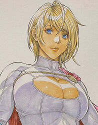  1girl blonde_hair blue_eyes breasts cape cleavage cleavage_cutout clothing_cutout dc_comics hair_between_eyes highres homare_(fool&#039;s_art) large_breasts looking_at_viewer parted_lips pink_lips power_girl puckered_lips red_cape short_hair smile solo superman_(series) sweater traditional_media turtleneck upper_body white_sweater 