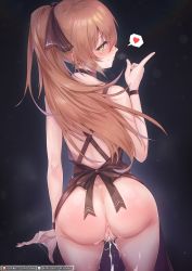  1girl absurdres after_vaginal aftersex apron ass blush brown_hair cleft_of_venus cum cum_in_pussy cumdrip female_focus from_behind girls&#039;_frontline half-closed_eyes highres long_hair looking_at_viewer looking_back naked_apron naughty_face ponytail pussy rebe11 smile solo springfield_(girls&#039;_frontline) standing sticky_fingers tagme tears uncensored  rating:Explicit score:192 user:Torghast_
