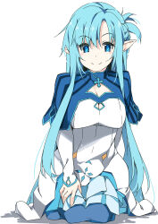  1girl arm_behind_back asuna_(sao) asuna_(sao-alo) blue_eyes blue_hair blue_shrug blue_skirt braid breasts cleavage cleavage_cutout closed_mouth clothing_cutout commentary_request dress fairy_(sao) french_braid full_body hair_between_eyes hand_on_own_thigh highres long_hair long_skirt long_sleeves medium_breasts pointy_ears seiza shadow shikei shrug_(clothing) sidelocks simple_background sitting skirt smile solo sword_art_online turtleneck white_background white_dress 