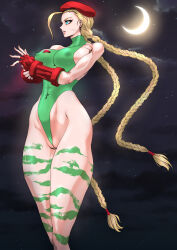  1girl absurdres bare_shoulders blonde_hair blue_eyes bodypaint braid breasts cammy_white capcom cleft_of_venus covered_erect_nipples covered_navel curvy female_focus fingerless_gloves gloves hat highleg highleg_leotard highres large_breasts leotard long_hair muscular muscular_female scar solo street_fighter thick_thighs thighs twin_braids very_long_hair wide_hips yuri_ai 