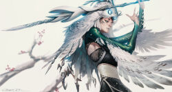  1girl absurdres bird blurry blurry_background character_request chengwei_pan clothing_cutout copyright_request depth_of_field feathers fingernails green_eyes green_sleeves highres holding holding_polearm holding_weapon over_shoulder owl owl_girl polearm sash sharp_fingernails side_cutout signature solo tagme weapon weapon_over_shoulder wings 