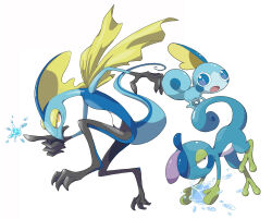  blue_eyes bright_pupils closed_mouth creatures_(company) drizzile evolutionary_line full_body game_freak gen_8_pokemon highres hydrokinesis index_finger_raised inteleon nintendo no_humans nostrils open_mouth pokemon pokemon_(creature) satotsu simple_background sobble water water_drop white_background white_pupils yellow_eyes 