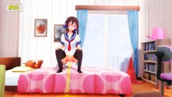 1girl 3d apple bed bedroom black_thighhighs blanket blue_eyes blush book bookshelf bottomless breasts brown_hair censored chair cloud collarbone curtains dildo food fruit hair_ribbon hands_on_own_knees hikamo123 long_hair medium_breasts mikumikudance_(medium) minase_hikari neckerchief open_mouth peeing picture_frame pillow ponytail red_neckerchief ribbon school_uniform sex_toy shirt short_sleeves sky squatting stuffed_animal stuffed_toy teddy_bear thighhighs traffic_cone white_shirt window rating:Explicit score:56 user:cpee