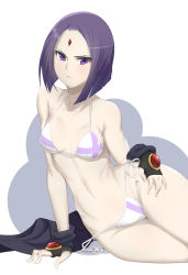 1girl :&lt; animification arm_support bad_id bad_pixiv_id bikini black_gloves blush breasts dc_comics fingerless_gloves forehead_jewel gloves highres looking_at_viewer navel pale_skin purple_eyes purple_hair raven_(dc) short_hair side-tie_bikini_bottom simple_background solo stormcow swimsuit teen_titans thighs white_background wide_hips rating:Sensitive score:100 user:danbooru