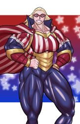  1girl absurdres american_flag american_flag_print blonde_hair bodysuit boku_no_hero_academia breasts cape cathleen_bate fingernails flag_print highres large_breasts long_hair muscular muscular_female open_mouth orange_eyes smile solo star_and_stripe star_and_stripe_(boku_no_hero_academia) striped_bodysuit striped_cape thick_thighs thighs  rating:Questionable score:6 user:Keplergym2