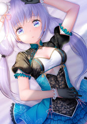  1girl arm_up black_gloves blue_eyes blush breasts bun_cover cleavage_cutout clothing_cutout dress dutch_angle gloves hair_bun highres lying on_back original puffy_short_sleeves puffy_sleeves purple_hair short_sleeves single_hair_bun small_breasts solo twintails zizi_(zz22) 