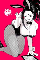1girl absurdres alternate_costume animal_ears bare_shoulders black_eyes black_hair black_leotard blush boku_no_hero_academia bow bowtie breasts cleavage commentary detached_collar fake_animal_ears fake_tail feet_out_of_frame hair_pulled_back highres koyap large_breasts leotard long_hair looking_at_viewer open_mouth pantyhose playboy_bunny ponytail rabbit_ears rabbit_tail solo strapless strapless_leotard symbol-only_commentary tail thighs wrist_cuffs yaoyorozu_momo rating:Sensitive score:97 user:danbooru