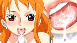 1boy 1girl animated animated_gif breath brown_eyes close-up cup glass lips long_hair mini_person miniboy multiple_views nami_(one_piece) one_piece open_mouth orange_hair saliva saliva_trail tagme thedecade tongue tongue_out 