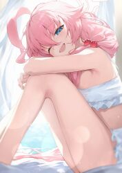 1girl ;d absurdres ahoge arm_on_knee armpits bare_legs beads bikini blue_archive blush frilled_bikini frills hair_beads hair_ornament halo highres hoshino_(blue_archive) hoshino_(swimsuit)_(blue_archive) knees_up looking_at_viewer looking_to_the_side official_alternate_costume one_eye_closed open_mouth pink_hair sb_lama sitting smile solo swimsuit white_bikini rating:Sensitive score:16 user:danbooru