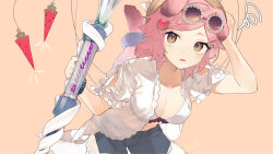  1girl animal_ears arknights arm_cutout artist_name bikini black_shorts breasts brown_eyes brown_headwear cat_ears cat_girl cat_tail cleavage commentary_request cowboy_shot eyewear_on_head floppy_ears food-themed_hair_ornament goldenglow_(arknights) goldenglow_(summer_flowers)_(arknights) hair_ornament hairclip hand_on_headwear hand_on_own_head highres holding holding_staff infection_monitor_(arknights) kyomunohi large_breasts leaning_forward long_hair looking_at_viewer official_alternate_costume open_clothes open_mouth open_shirt pink_hair purple-tinted_eyewear round_eyewear see-through see-through_shirt shirt short_sleeves shorts solo squiggle staff sunglasses swimsuit tail tinted_eyewear watermelon_hair_ornament white_bikini white_shirt 