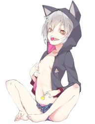  1girl animal_hood bags_under_eyes barefoot breasts brown_eyes candy female_focus food full_body grey_hair hood hood_up hooded_jacket hoodie jacket kurokuro loli lollipop looking_at_viewer micro_shorts mouth_hold navel open_clothes open_fly open_jacket open_mouth original panties red_eyes sharp_teeth short_hair shorts simple_background sitting small_breasts solo star-shaped_pupils star_(symbol) symbol-shaped_pupils teeth undersized_clothes underwear white_background 
