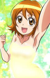  1girl arm_up armpits bare_shoulders breasts brown_eyes brown_hair clenched_hand commentary glowing green_background hanzou happinesscharge_precure! highres lens_flare light_particles looking_at_viewer naked_towel oomori_yuuko open_mouth precure short_hair smile solo standing towel 