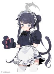  1girl absurdres alternate_costume animal_ears animal_hands apron black_bow black_bowtie black_dress bloodsea666 blue_archive bow bowtie cat_ears cat_tail commentary cropped_legs dress enmaided frilled_apron frills gloves hair_bun halo highres kemonomimi_mode kisaki_(blue_archive) long_hair looking_at_viewer maid maid_apron maid_headdress paw_gloves simple_background solo symbol-only_commentary tail thighhighs twintails twitter_username very_long_hair white_apron white_background white_thighhighs zettai_ryouiki 