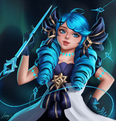 1girl black_bow black_dress blue_eyes blue_hair bow breasts commentary cowboy_shot dress drill_hair gloves gradient_background grey_dress gwen_(league_of_legends) hair_bow hair_ornament hand_up highres holding holding_needle kouq98 league_of_legends long_hair needle oversized_object puffy_short_sleeves puffy_sleeves sewing_needle short_sleeves signature smile solo swept_bangs twin_drills x_hair_ornament rating:Sensitive score:0 user:danbooru