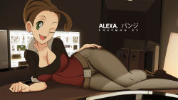  alexa_(pokemon) breasts character_name cleavage creatures_(company) earrings game_freak highres jewelry nail_polish nintendo one_eye_closed pokemon pokemon_xy solo tagme vivivoovoo wink  rating:Questionable score:60 user:YmousAnon