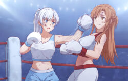  2girls artist_request asuna_(sao) boxing boxing_gloves breasts crossover large_breasts multiple_girls original rwby sword_art_online tagme weapon_connection weiss_schnee 