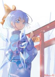 1girl absurdres artist_logo artist_name bloomers blue_bow blue_dress blue_eyes blue_hair bow cirno closed_mouth dress fairy hair_bow highres ice ice_wings japanese_clothes kimono lbcirno9 touhou underwear wings  rating:General score:1 user:lbcirno9