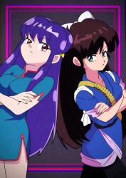 2girls ammunition ammunition_belt angry artist_request blue_dress blue_eyes bow breasts brown_hair china_dress chinese_clothes crossed_arms double_bun dress envy hair_bow hair_bun kuonji_ukyou long_hair looking_at_another medium_breasts multiple_girls ponytail purple_hair ranma_1/2 red_eyes shampoo_(ranma_1/2) short_sleeves standing white_bow