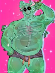  1boy bara big_belly bulge colored_skin doug_(monster_prom) fat fat_man green_skin highres large_pectorals looking_at_viewer male_focus micro_shorts monster_boy monster_prom mumu_aiteru muscular muscular_male navel object_through_head one_eye_closed pectorals see-through short_shorts shorts slime_boy solo sword_in_head tareme thighs topless_male v_over_eye 