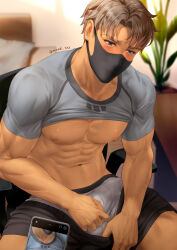 2boys abs bara bare_pectorals black_shorts blue_eyes blush brown_hair bulge clothes_lift clothes_pull erection erection_under_clothes grey_male_underwear grey_shirt highres holding holding_phone jim_(mondi_hl) large_pectorals male_focus male_underwear mask mondi_hl mouth_mask multiple_boys muscular muscular_male navel nipples original pectorals phone fake_phone_screenshot shirt shirt_lift short_hair shorts shorts_pull sitting solo_focus twitter_username underpec underwear rating:Questionable score:13 user:danbooru