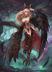 1girl armor aurora_rokudo black_wings blonde_hair breasts brown_thighhighs cleavage covered_erect_nipples feathered_wings feathers fingernails forest hair_between_eyes hand_up harpy highres horns large_breasts light_particles long_fingernails long_hair monster_girl nature pauldrons red_eyes revealing_clothes sharp_fingernails shoulder_armor shoulder_pads solo talons thigh_gap thighhighs tree winged_arms wings rating:Sensitive score:29 user:danbooru