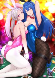  2girls absurdres animal_ears arms_behind_head arms_up artist_logo artist_name ass asymmetrical_docking bare_shoulders blue_eyes blue_footwear blue_hair blue_leotard bow bowtie breast_press breasts brown_legwear caeda_(fire_emblem) card cleavage commission detached_collar fake_animal_ears female_focus fire_emblem fire_emblem:_mystery_of_the_emblem fire_emblem_awakening fishnet_pantyhose fishnets from_behind grima_(fire_emblem) highleg highleg_leotard highres kaos_art large_breasts leotard long_hair looking_back matching_hair/eyes medium_breasts multiple_girls nintendo pantyhose pink_leotard playboy_bunny playing_card poker poker_chip poker_table possessed rabbit_ears rabbit_tail red_eyes robin_(female)_(fire_emblem) robin_(fire_emblem) smile table tail thigh_strap twintails white_hair white_legwear wide_hips wrist_cuffs  rating:Sensitive score:66 user:Forsworn13