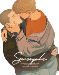  2boys adam_parrish arm_around_neck arms_around_waist back_tattoo bishounen black_hair black_wristband blonde_hair blue_eyes blush buzz_cut catbishonen couple eye_contact freckles highres hug husband_and_husband imminent_kiss jewelry looking_at_another male_focus multiple_boys parted_lips ring ronan_lynch short_hair simple_background single_off_shoulder tattoo the_raven_cycle upper_body very_short_hair watch wedding_ring white_background wristwatch yaoi 