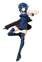  1girl absurdres ahoge bare_arms bare_shoulders black_skirt blue_dress blue_eyes blue_gloves blue_hair breasts ciel_(tsukihime) commentary_request dress full_body gloves highres holding holding_weapon looking_at_viewer medium_breasts melty_blood melty_blood:_type_lumina miniskirt official_art open_mouth powered_ciel qingtianmian seventh_holy_scripture short_hair skirt sleeveless sleeveless_dress solo takeuchi_takashi teeth tongue tsukihime tsukihime_(remake) upper_teeth_only weapon 