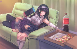  1boy 1girl absurdres black_hair blue_eyes book breasts couch fate/grand_order fate_(series) food fujimaru_ritsuka_(male) handheld_game_console highres holding holding_handheld_game_console long_hair lying nintendo nintendo_switch on_side ootato open_book osakabehime_(fate) pink_eyes pizza sitting smile soda_bottle  rating:Sensitive score:31 user:danbooru