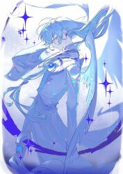 1boy absurdres angel_wings bishounen blue_eyes blue_gemstone blue_hair blue_theme blue_wings byuey cardcaptor_sakura character_request chest_jewel chinese_commentary clenched_hand closed_mouth commentary_request cropped_legs earrings expressionless eyelashes feathered_wings floating_hair from_side gem highres jacket jewelry light_particles long_hair long_skirt long_sleeves looking_at_viewer male_focus simple_background skirt sleeves_past_wrists solo sparkle sphere_earrings white_background white_jacket white_skirt wings 