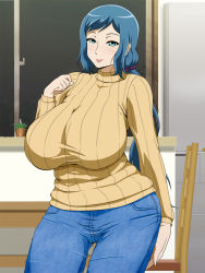 1girl aqua_eyes blue_eyes blue_hair blush breasts chair closed_mouth cowboy_shot gundam gundam_build_fighters highres huge_breasts indoors iori_rinko kitchen legs light_smile long_hair long_sleeves looking_at_viewer mature_female smile solo standing sweater table thigh_gap thighs turtleneck turtleneck_sweater vermilion rating:Sensitive score:70 user:Ynyswydryn