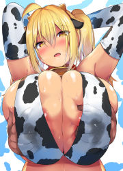 1girl ahoge animal_ears animal_print armpits arms_up blonde_hair blush breasts brown_eyes cow_ears cow_print deep_skin grabbing grabbing_another&#039;s_breast grabbing_from_behind groping hair_between_eyes huge_breasts kirome_(kamipaper) lactation lactation_through_clothes long_hair looking_at_viewer original parted_lips saaya_(kirome) solo_focus sweat twintails upper_body virtual_youtuber rating:Questionable score:138 user:danbooru
