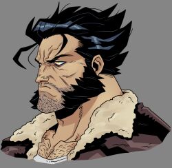  1boy bara chest_hair_peek cropped_shoulders facial_hair frown goatee_stubble highres looking_ahead loose_hair_strand male_focus marvel mature_male muscular muscular_male mustache_stubble mutton_chops pectoral_cleavage pectorals solo stubble thick_eyebrows three_quarter_view tsurime wolfsvile wolverine_(x-men) x-men 
