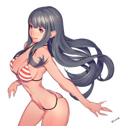  1girl 2016 alien1452 arched_back bikini black_hair breasts covered_erect_nipples dated highres long_hair looking_at_viewer medium_breasts red_eyes simple_background smile solo strap_gap striped_bikini striped_clothes swimsuit very_long_hair white_background  rating:Questionable score:21 user:danbooru