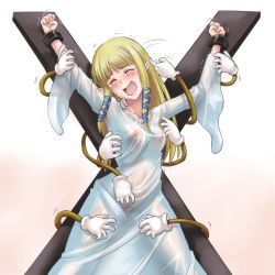  1girl ardnades bdsm blonde_hair blush bondage bound breasts closed_eyes covered_erect_nipples crying dress female_pubic_hair gradient_background long_dress long_hair medium_breasts nintendo nipples no_bra no_panties open_mouth pointy_ears princess_zelda pubic_hair restrained saint_andrew&#039;s_cross see-through simple_background smile solo stationary_restraints tears the_legend_of_zelda the_legend_of_zelda:_skyward_sword tickle_torture tickling tickling_armpits tickling_arms tickling_ears tickling_legs tickling_pussy tickling_sides x_frame  rating:Questionable score:215 user:spiderfan